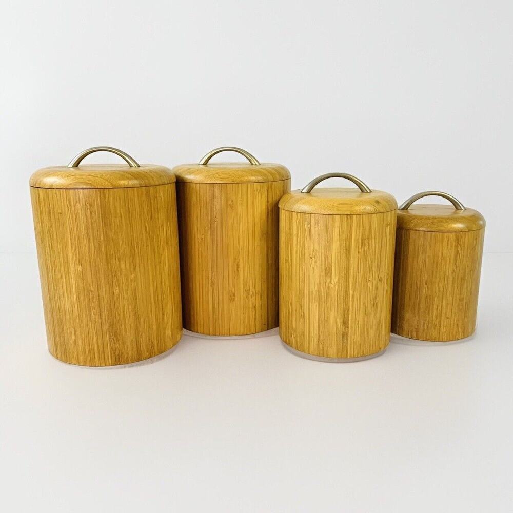 Vtg MCM Wood Bamboo Canister Set Plastic Lined - Set of 4